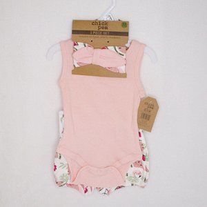 Chick Pea Infant 3 Piece Bodysuit Shorts Headband 0-3 Months NEW NWT
